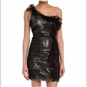BCBGMAXAZRIA Black Silver Mesh One Shoulder Dress